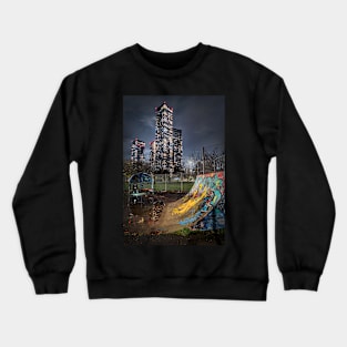 Man with Phone in Urban Park with Skyscrapers Crewneck Sweatshirt